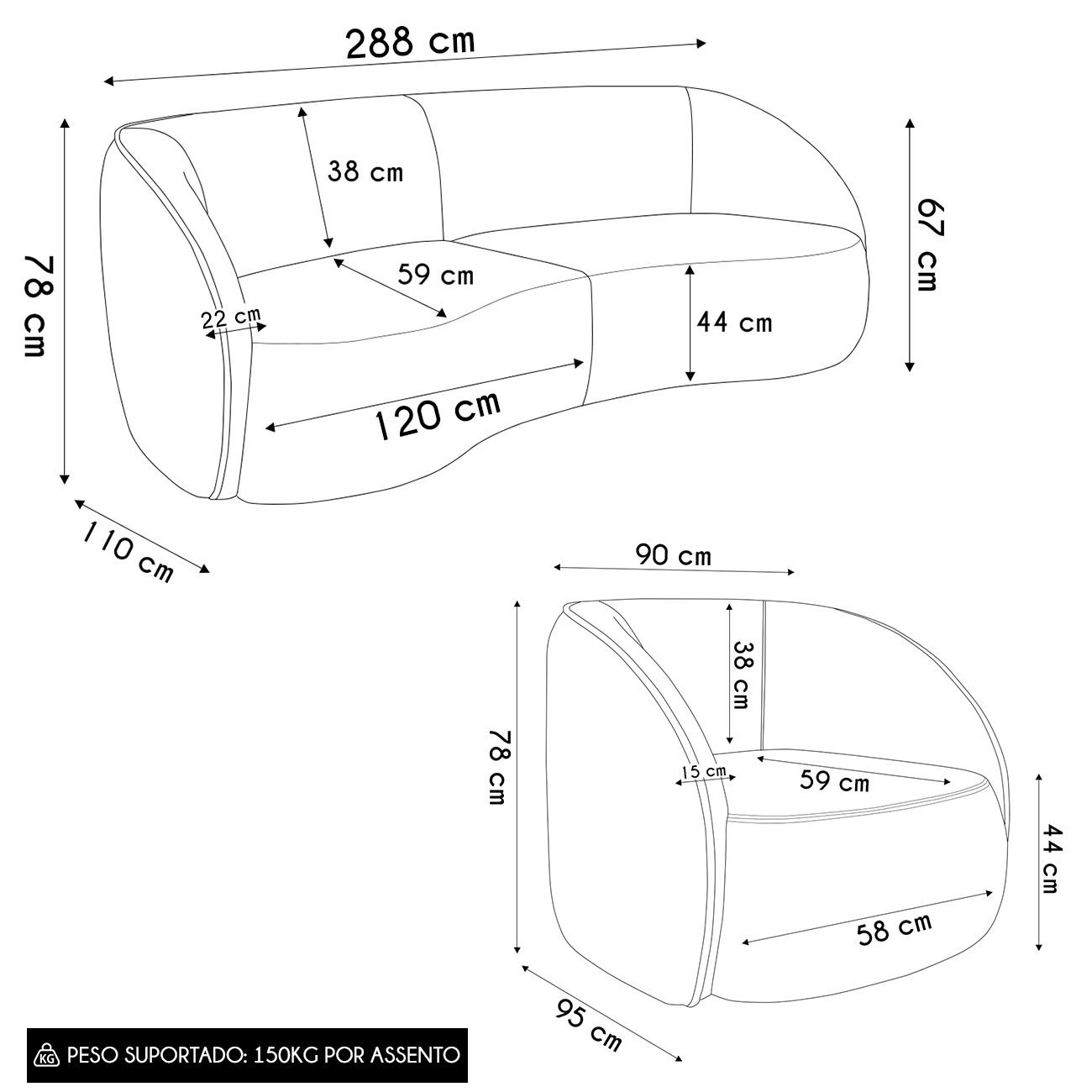 Sofá 3 Lugares Orgânico 288cm e Poltrona Zion M22 Veludo Bege - Mpozenato