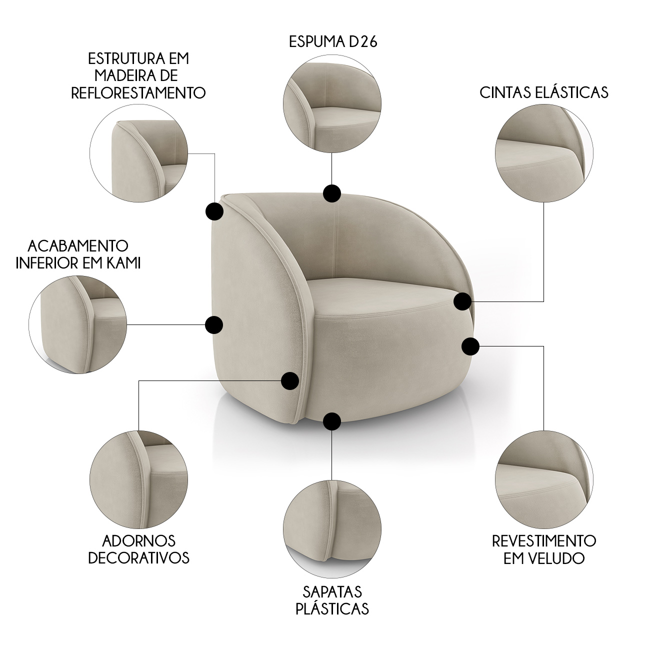Sofá 3 Lugares Orgânico 288cm e Poltrona Zion M22 Veludo Bege - Mpozenato