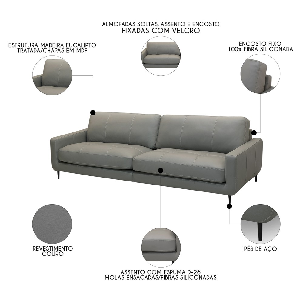Sofá 3 Lugares Para Sala 210cm Alicie L08 Couro Cinza Claro  - Mpozenato