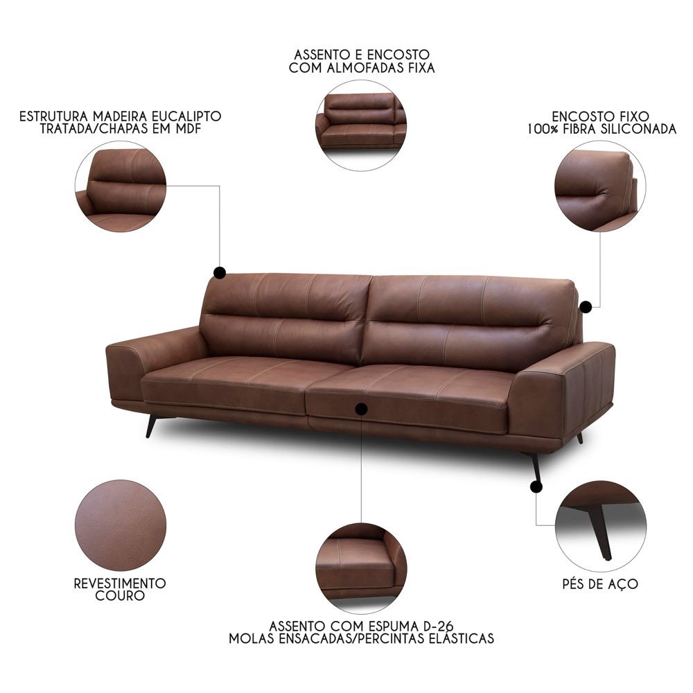 Sofá 3 Lugares Para Sala Living 256cm Niton L08 Couro Marrom - Mpozenato