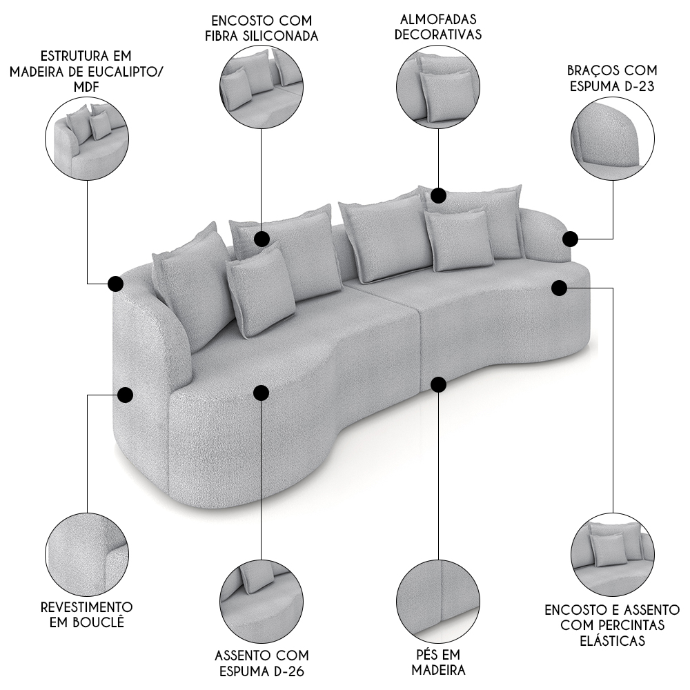 Sofá 4 Lugares 250cm Orgânico Quito K04 Bouclê Cinza - Mpozenato