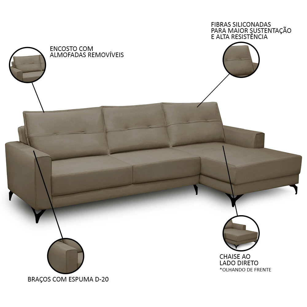 Sofá 4 Lugares com Chaise Direito 265cm Soreh F05 Veludo Castor - Mpozenato