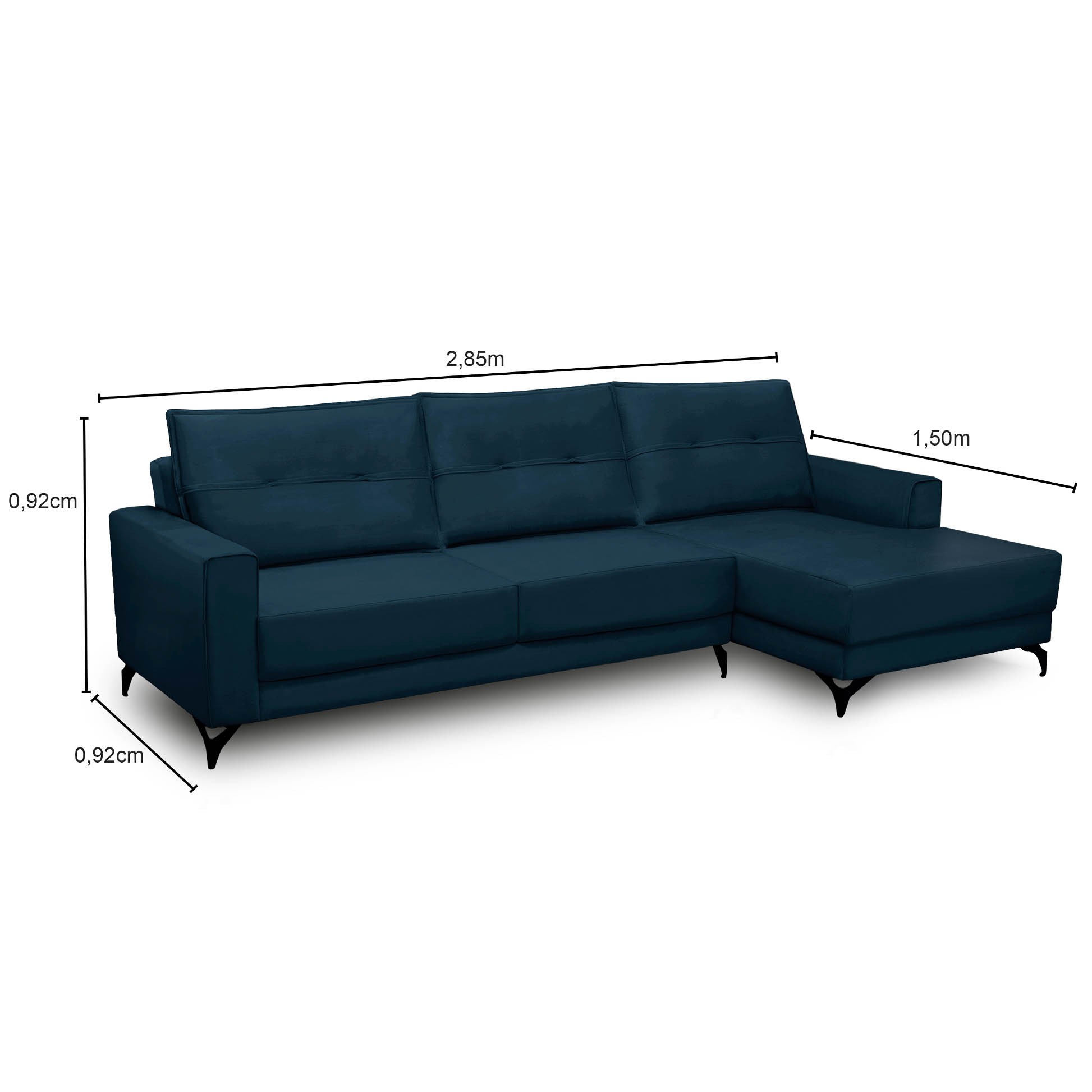 Sofá 4 Lugares com Chaise Direito 285cm Soreh F05 Veludo Azul - Mpozenato