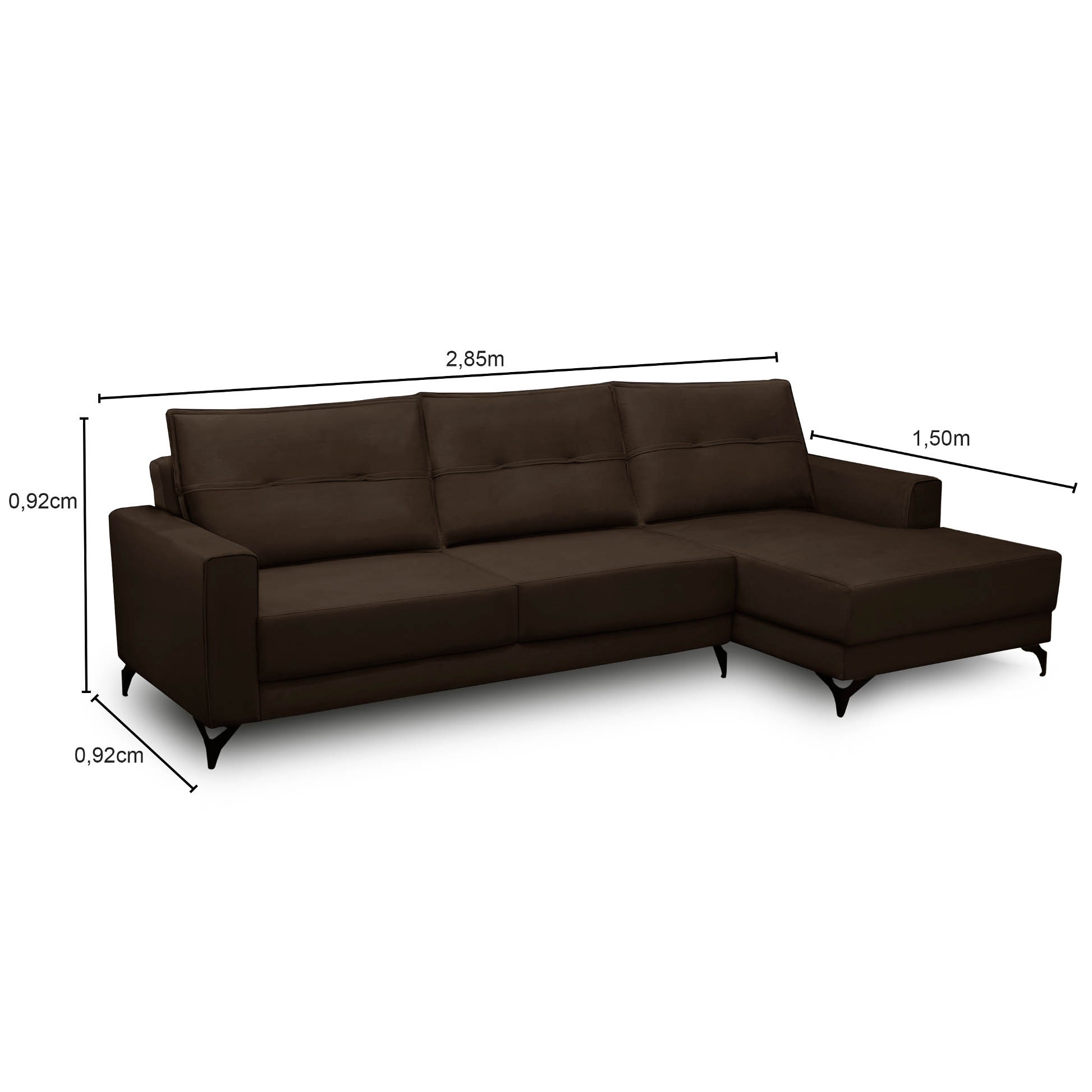 Sofá 4 Lugares com Chaise Direito 285cm Soreh F05 Veludo Marrom - Mpozenato