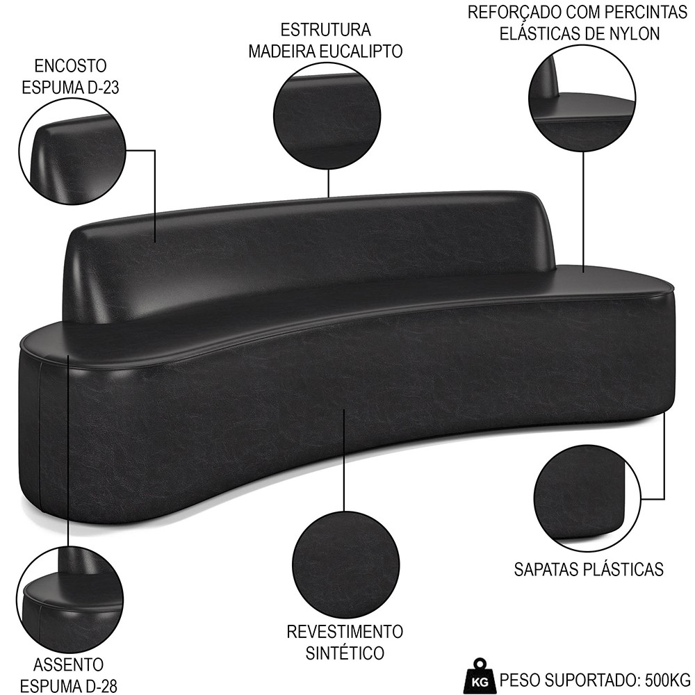 Sofá 5 Lugares para Sala de Estar Living 280cm Koane D06 Sintético Preto - Mpozenato