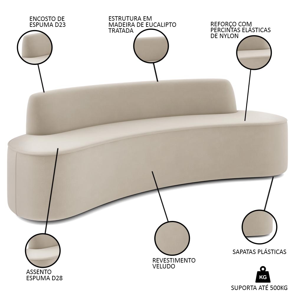 Sofá 5 Lugares para Sala de Estar Living 280cm Koane D06 Veludo Creme - Mpozenato
