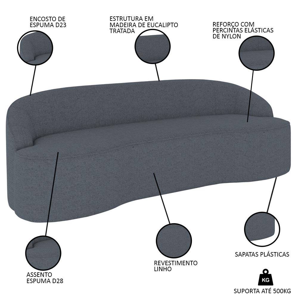 Sofá 5 Lugares para Sala de Estar Living 280cm Theo D06 Linho Mescla Chumbo - Mpozenato