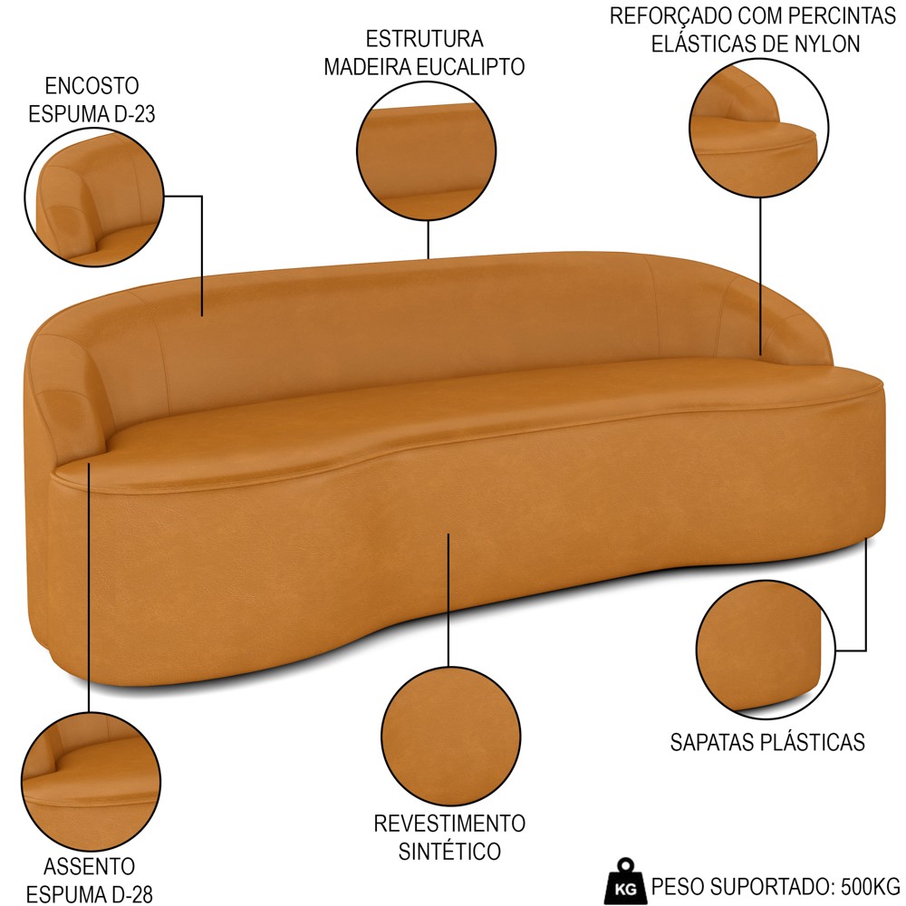 Sofá 5 Lugares para Sala de Estar Living 280cm Theo D06 Sintético Caramelo - Mpozenato