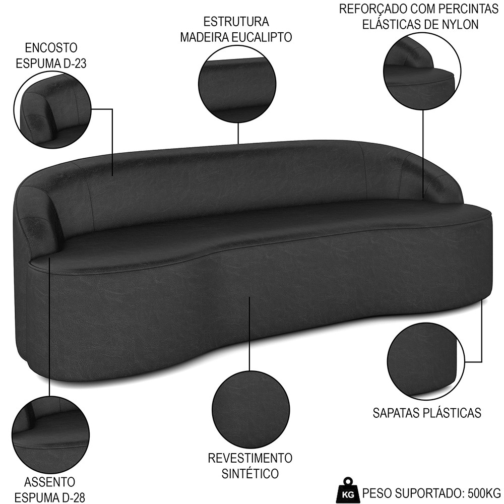Sofá 5 Lugares para Sala de Estar Living 280cm Theo D06 Sintético Preto - Mpozenato