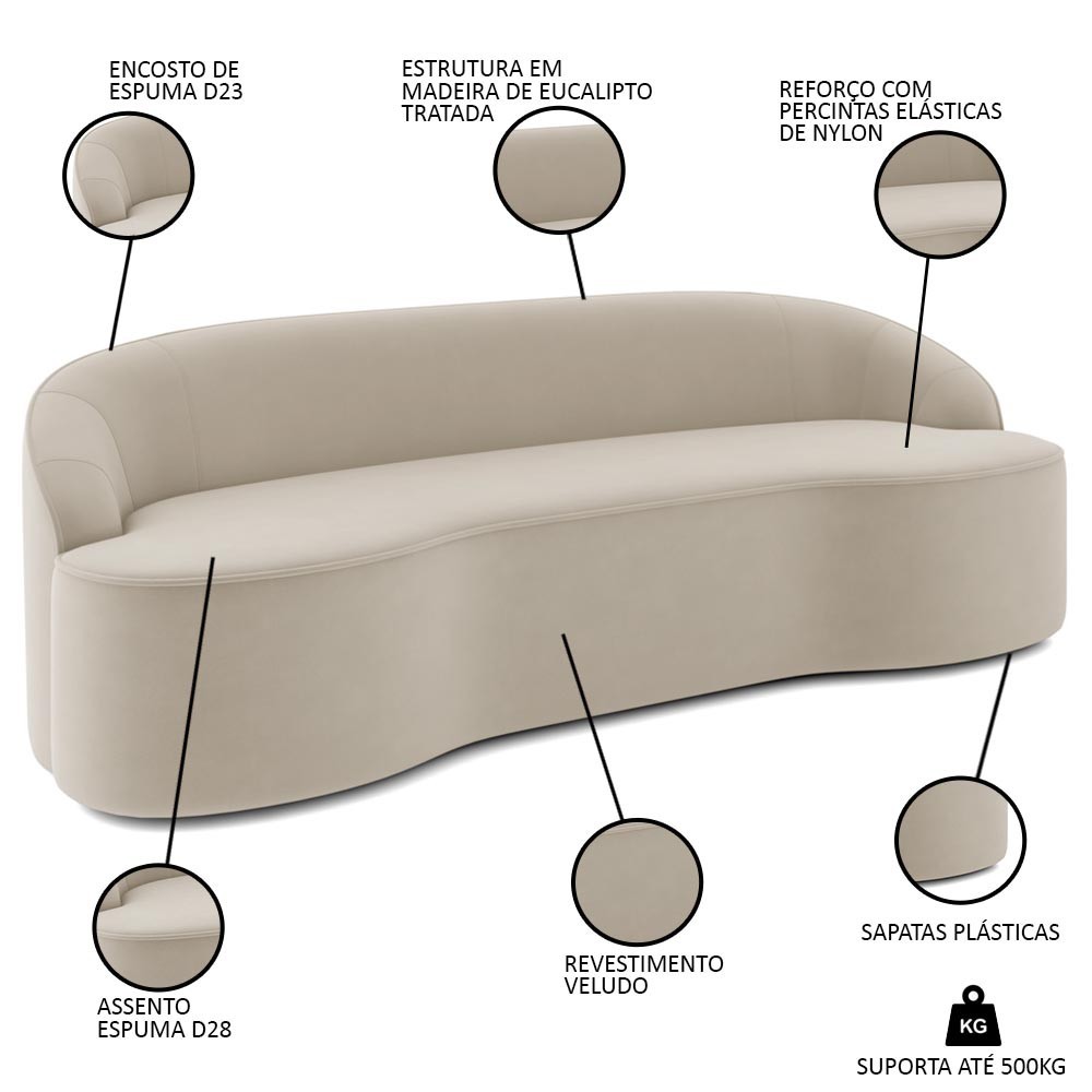Sofá 5 Lugares para Sala de Estar Living 280cm Theo D06 Veludo Creme - Mpozenato