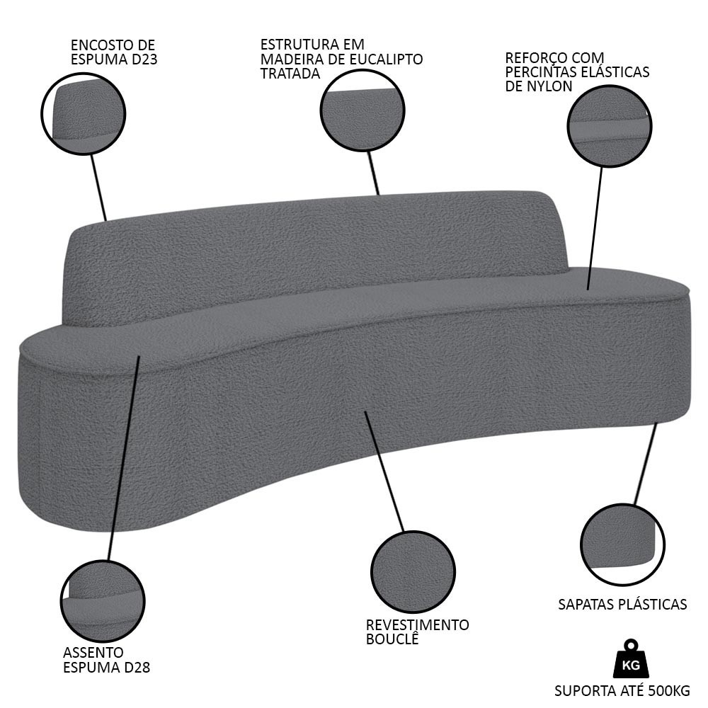 Sofá 5 Lugares para Sala de Estar Living 300cm Koane D06 Bouclê Cinza - Mpozenato