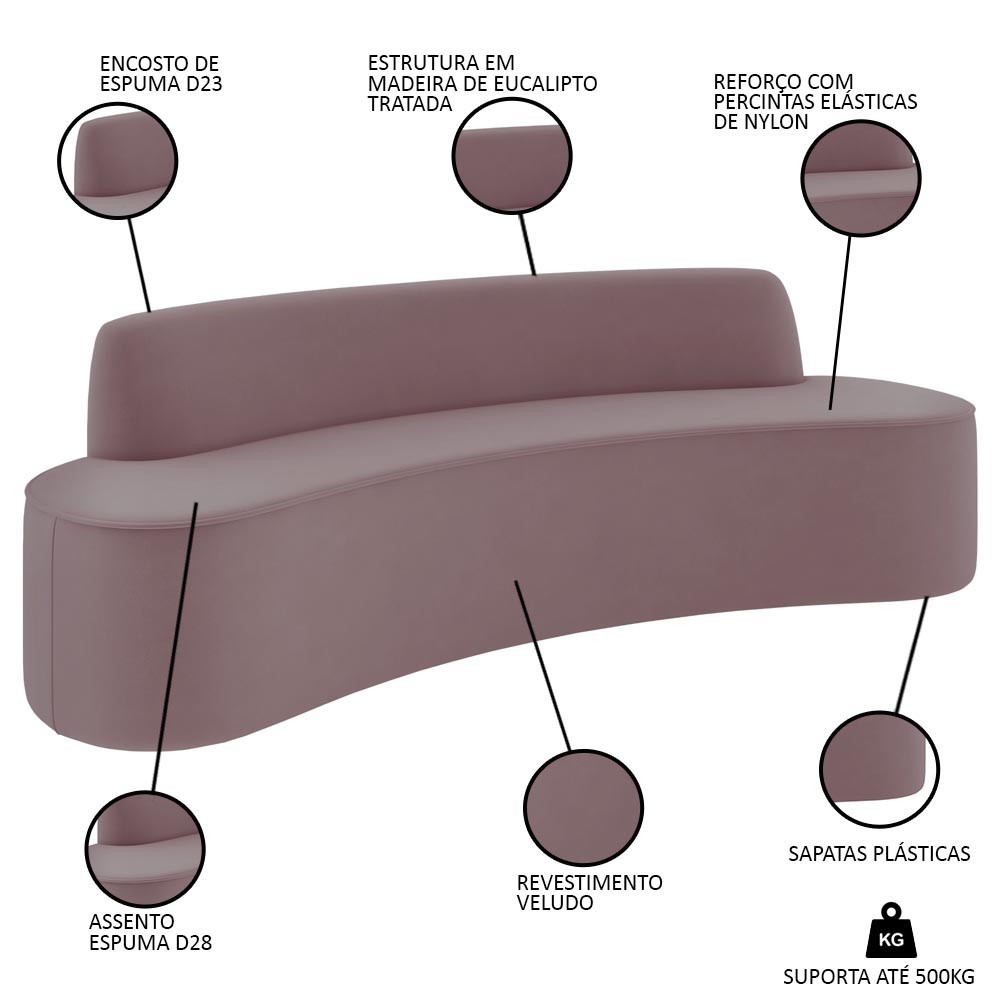 Sofá 5 Lugares para Sala de Estar Living 300cm Koane D06 Veludo Rosa - Mpozenato