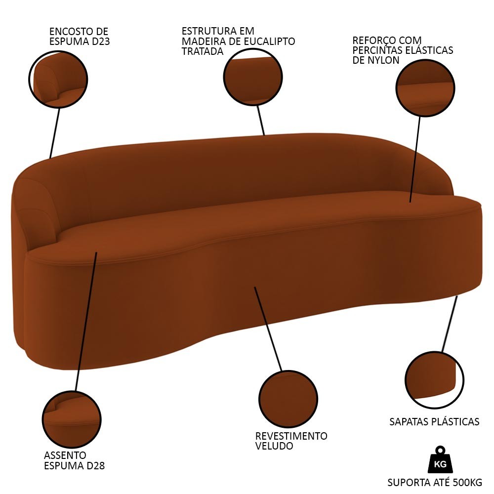 Sofá 5 Lugares para Sala de Estar Living 300cm Theo D06 Veludo Laranja - Mpozenato