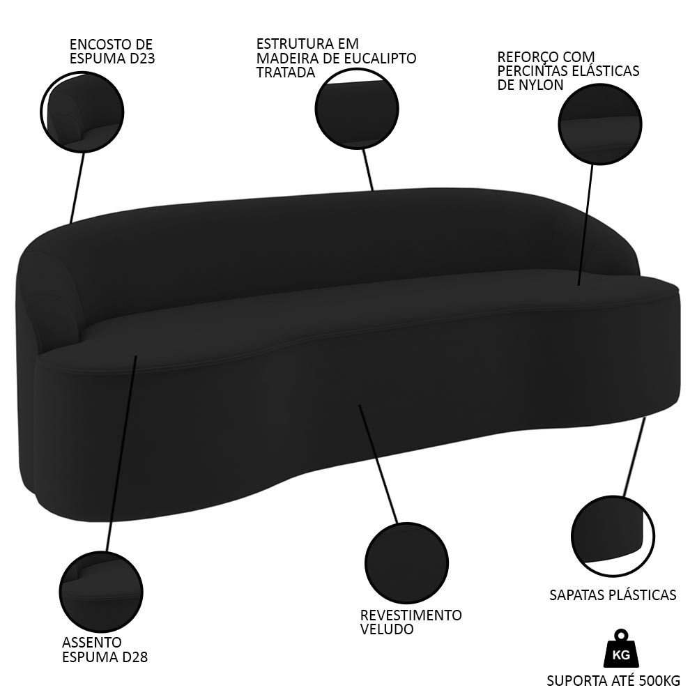 Sofá 5 Lugares para Sala de Estar Living 300cm Theo D06 Veludo Preto - Mpozenato