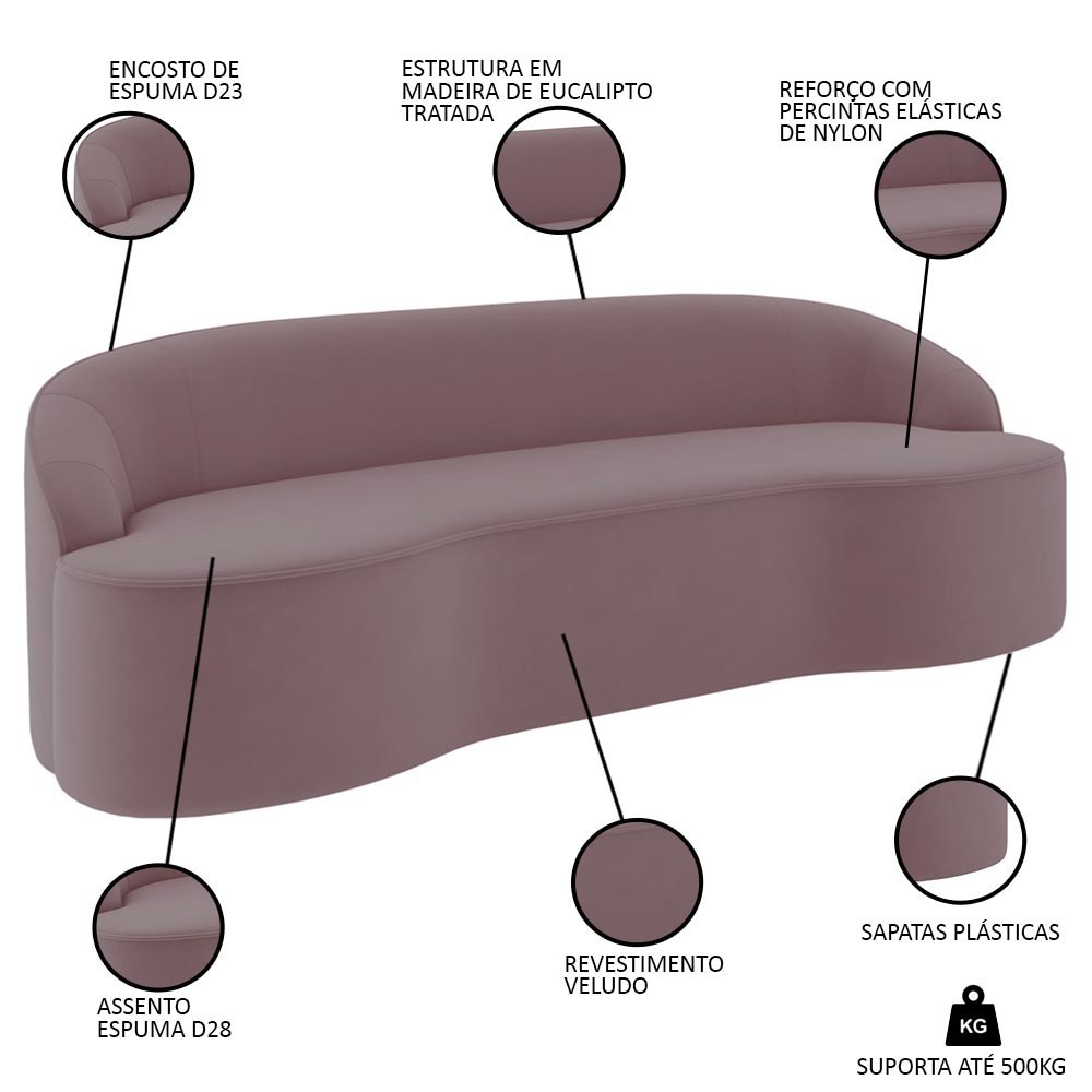 Sofá 5 Lugares para Sala de Estar Living 300cm Theo D06 Veludo Rosa - Mpozenato