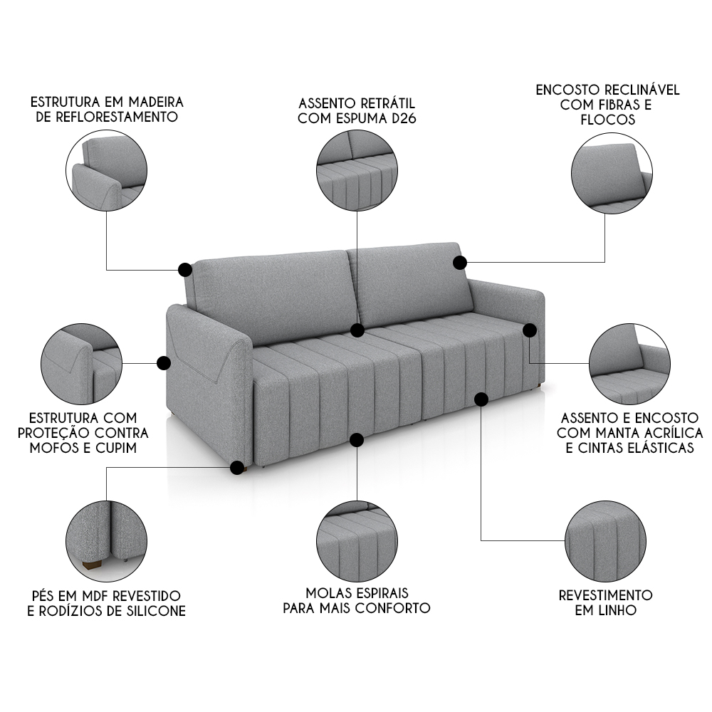 Sofá Cama Casal Retrátil 2 Lugares 192cm Atlas M22 Linho Cinza - Mpozenato