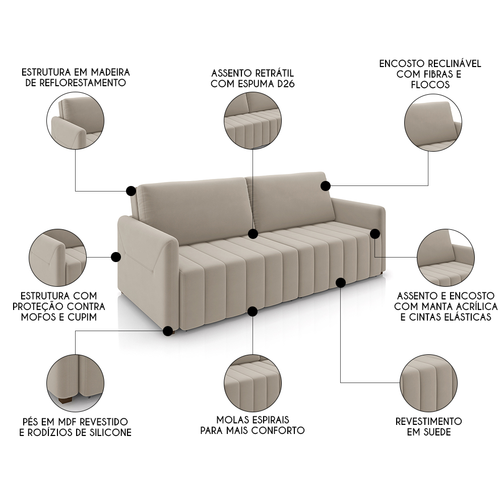 Sofá Cama Casal Retrátil 2 Lugares 192cm Atlas M22 Suede Bege - Mpozenato