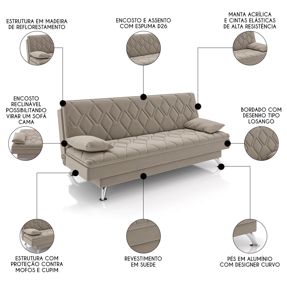 Sofá Cama para Sala de Estar Quarto 193cm Bela M22 Suede Bege - Mpozenato