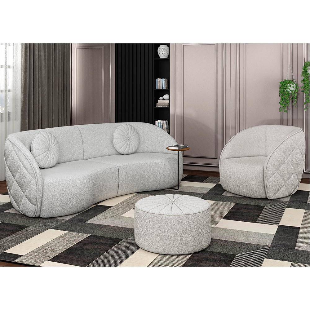 Sofá Decorativo 3 Lugares 288cm com Almofadas e Poltrona Zion M22 Bouclê Branco - Mpozenato