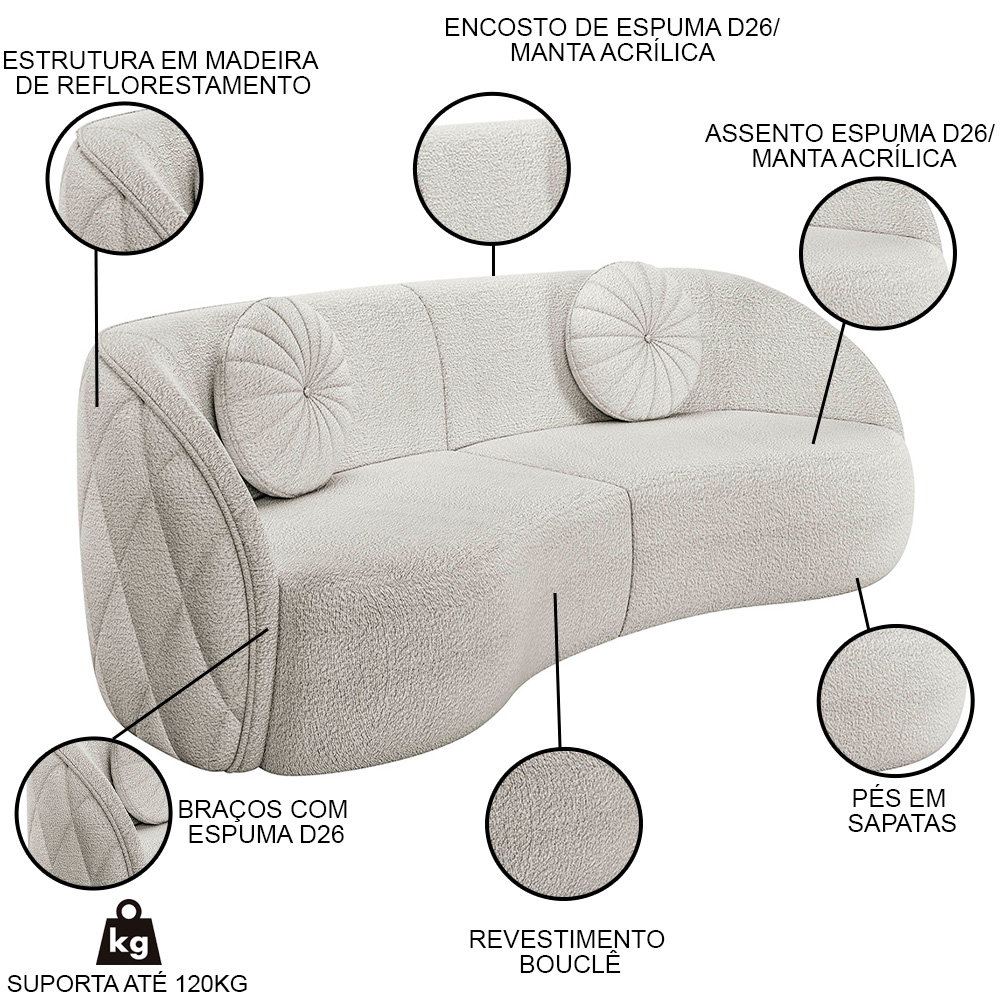 Sofá Decorativo 3 Lugares 288cm com Almofadas e Poltrona Zion M22 Bouclê Branco - Mpozenato