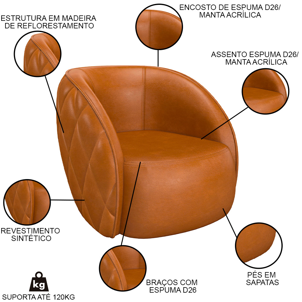 Sofá Decorativo 4 Lugares 318cm com Almofadas e Poltrona Zion M22 Sintético Caramelo - Mpozenato