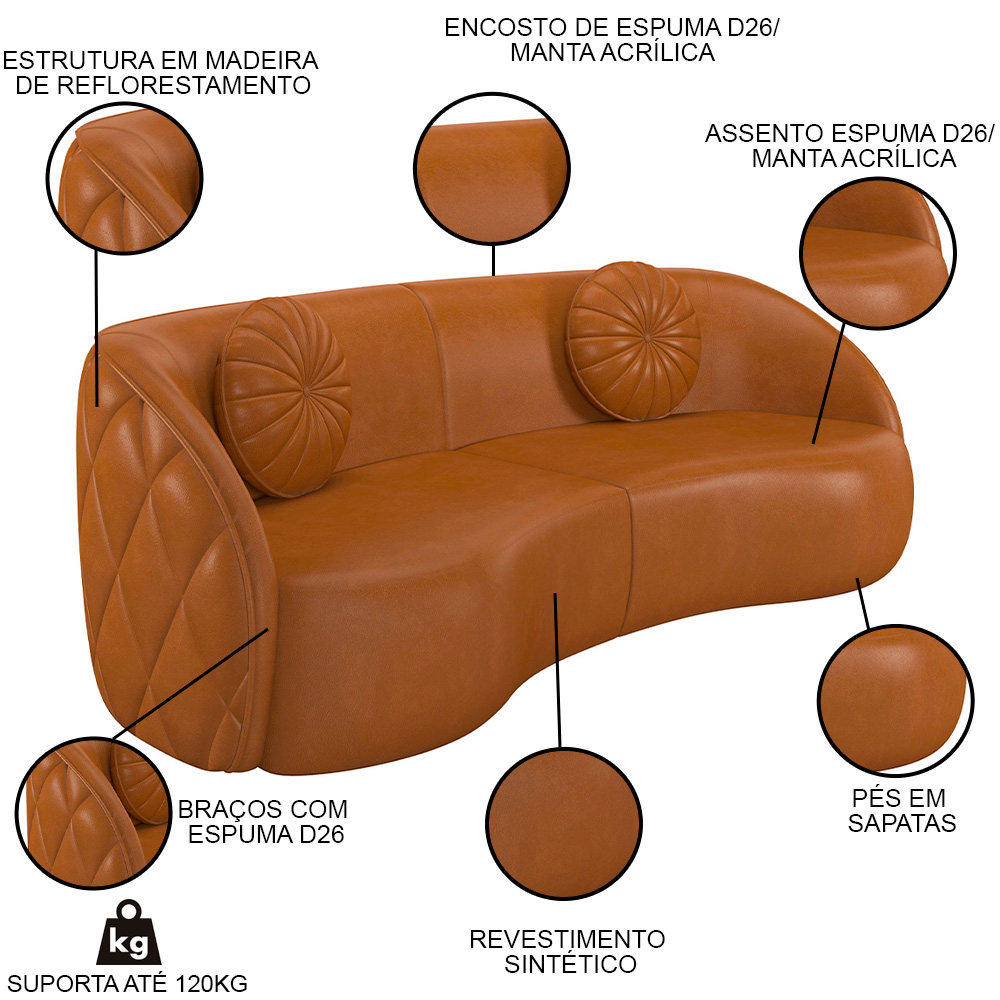 Sofá Decorativo 4 Lugares 318cm com Almofadas e Poltrona Zion M22 Sintético Caramelo - Mpozenato