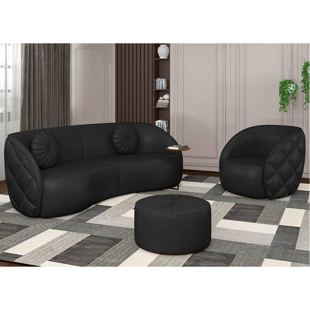 Sofá Decorativo 4 Lugares 318cm com Almofadas e Poltrona Zion M22 Sintético Preto - Mpozenato