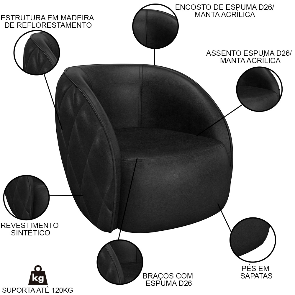 Sofá Decorativo 4 Lugares 318cm com Almofadas e Poltrona Zion M22 Sintético Preto - Mpozenato