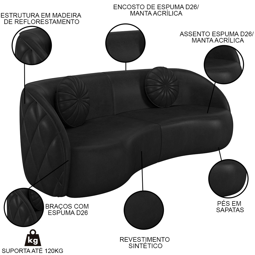 Sofá Decorativo 4 Lugares 318cm com Almofadas e Poltrona Zion M22 Sintético Preto - Mpozenato