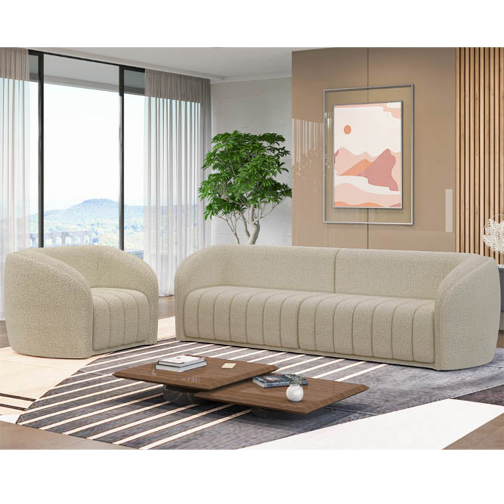 Sofá Decorativo 4 Lugares 332cm e Poltrona Meris M22 Bouclê Bege - Mpozenato