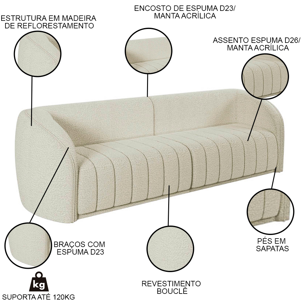 Sofá Decorativo 4 Lugares 332cm e Poltrona Meris M22 Bouclê Cru - Mpozenato
