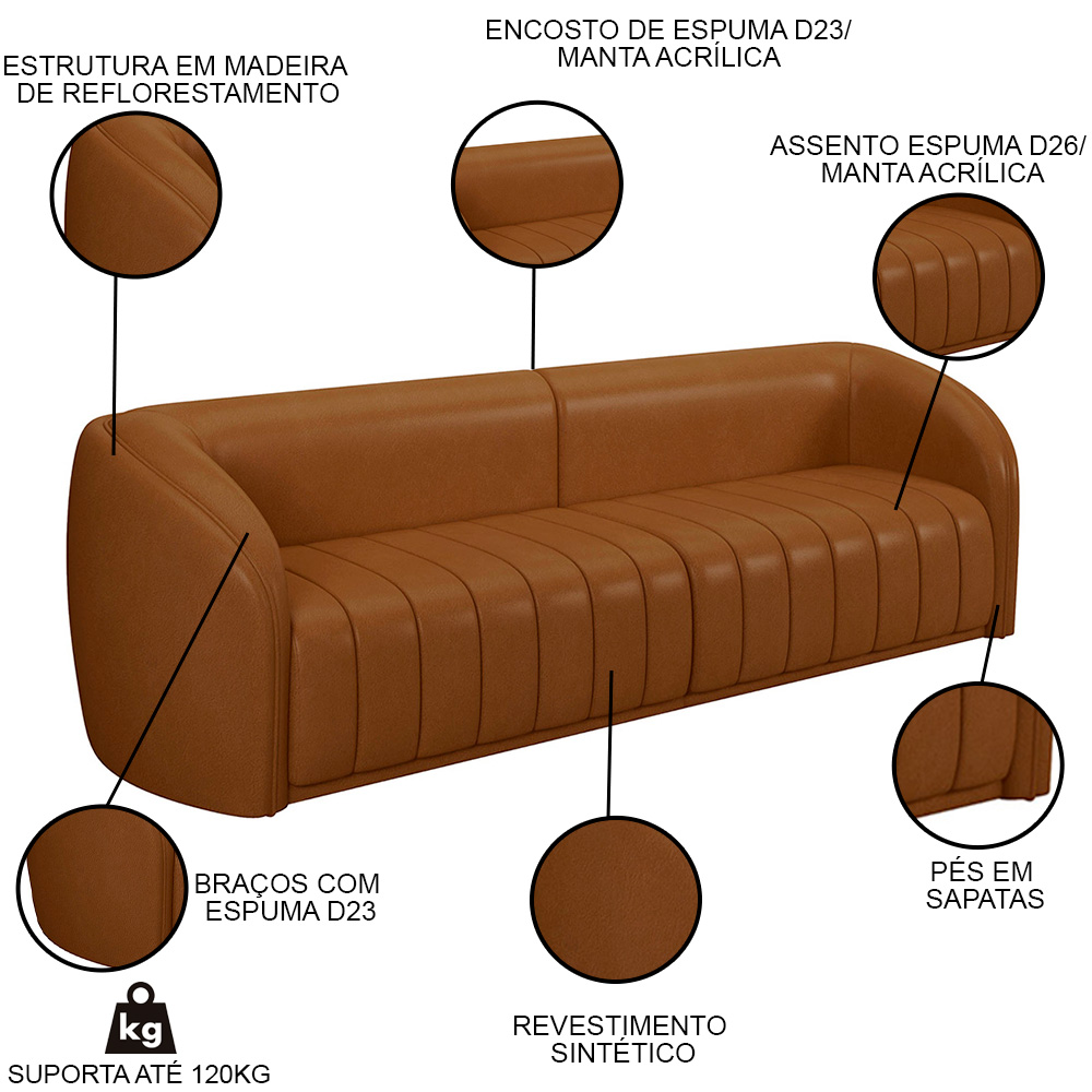 Sofá Decorativo 4 Lugares 332cm e Poltrona Meris M22 Sintético Caramelo - Mpozenato