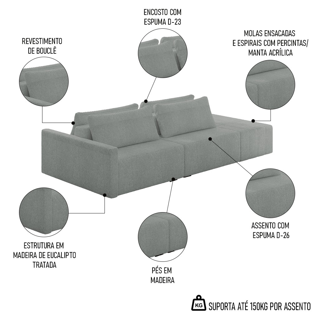 Sofá Ilha Modular com Puff para Sala Living 232cm Georgia K04 Bouclê Cinza - Mpozenato