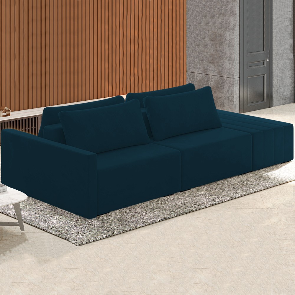 Sofá Ilha Modular com Puff para Sala Living 232cm Georgia Z08 Veludo Azul - Mpozenato