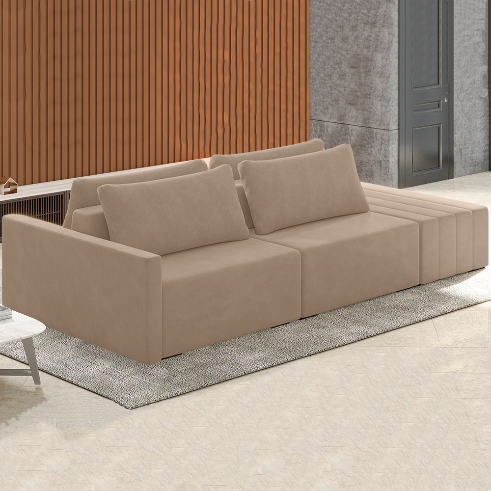 Sofá Ilha Modular com Puff para Sala Living 232cm Georgia Z08 Veludo Bege - Mpozenato