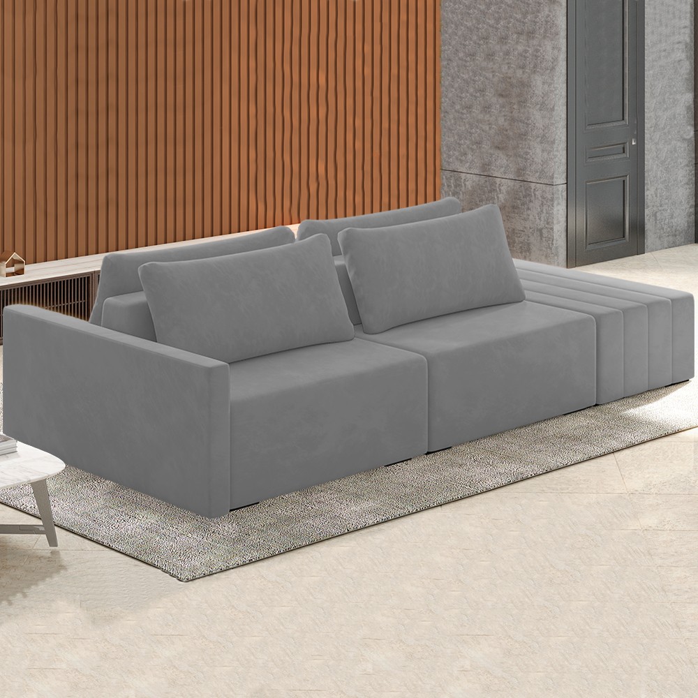 Sofá Ilha Modular com Puff para Sala Living 252cm Georgia K04 Veludo Cinza - Mpozenato