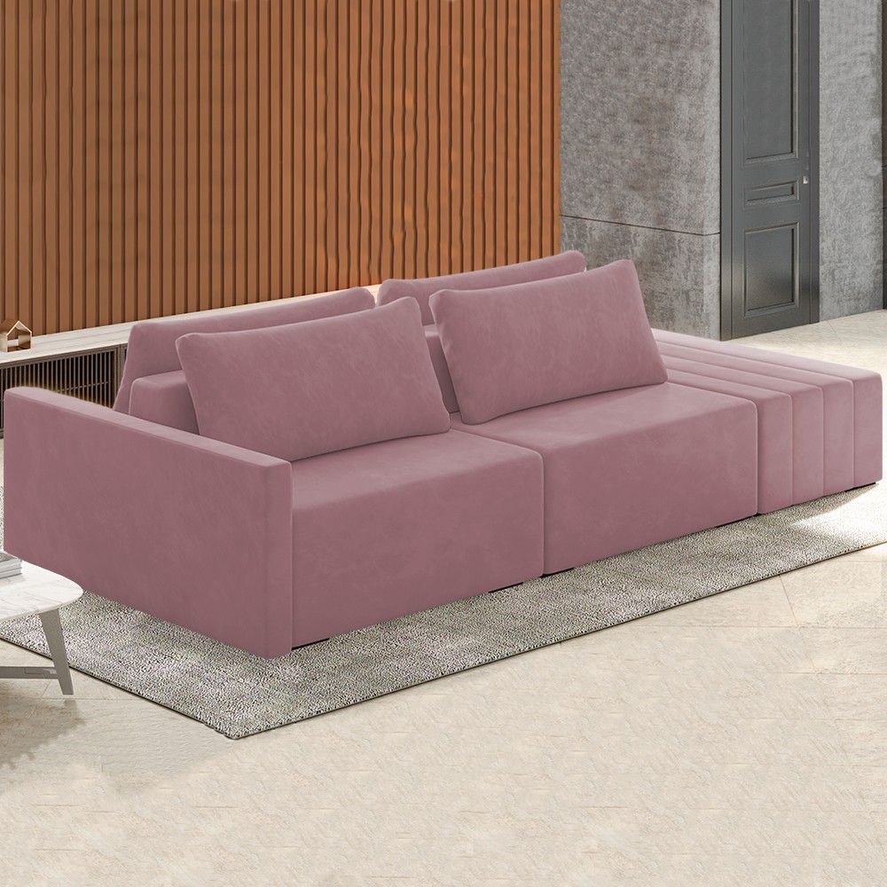 Sofá Ilha Modular com Puff para Sala Living 252cm Georgia Z08 Veludo Rosê - Mpozenato