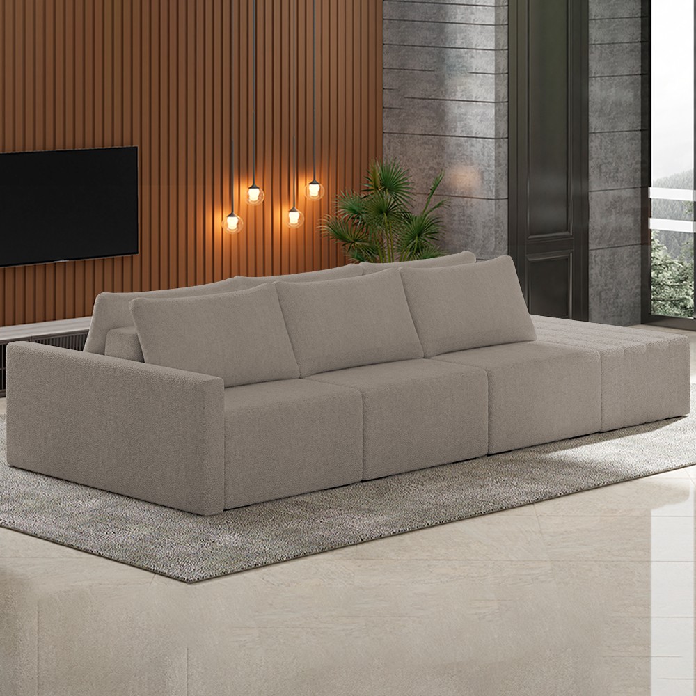 Sofá Ilha Modular com Puff para Sala Living 312cm Georgia Z08 Boucle Bege Escuro - Mpozenato