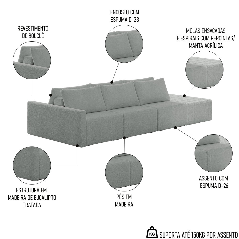 Sofá Ilha Modular com Puff para Sala Living 312cm Georgia Z08 Boucle Cinza Claro - Mpozenato