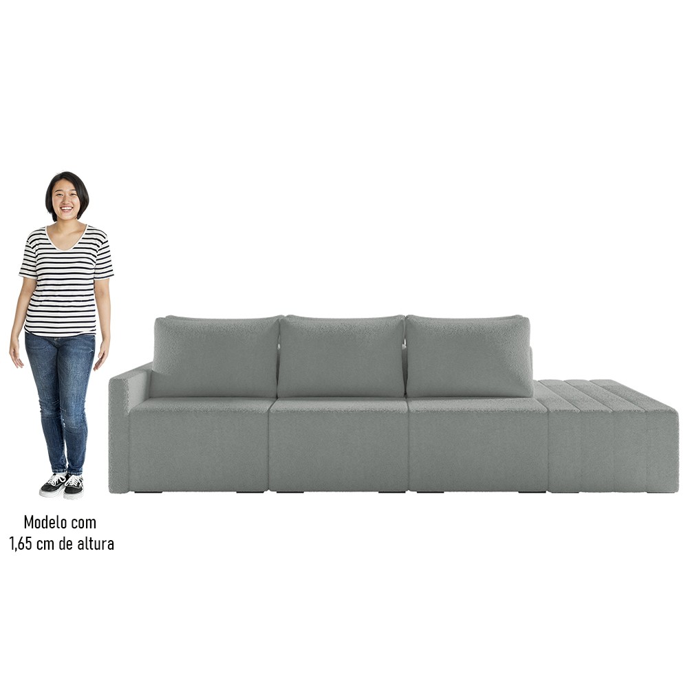 Sofá Ilha Modular com Puff para Sala Living 312cm Georgia Z08 Boucle Cinza Claro - Mpozenato