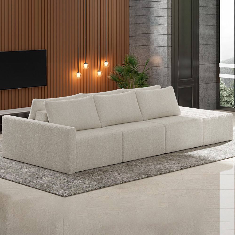 Sofá Ilha Modular com Puff para Sala Living 342cm Georgia K04 Bouclê Bege - Mpozenato