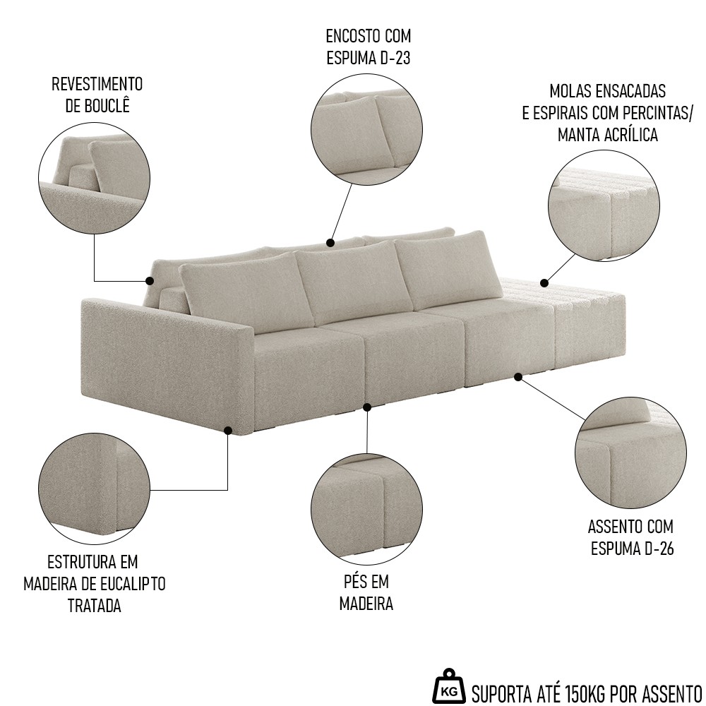 Sofá Ilha Modular com Puff para Sala Living 342cm Georgia K04 Bouclê Bege - Mpozenato