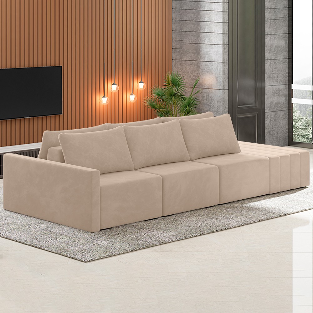 Sofá Ilha Modular com Puff para Sala Living 342cm Georgia K04 Veludo Bege - Mpozenato