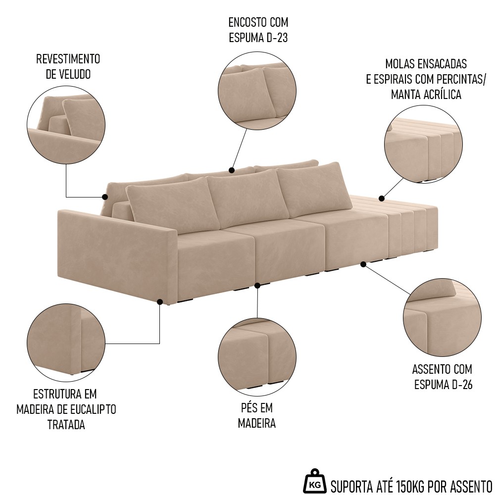 Sofá Ilha Modular com Puff para Sala Living 342cm Georgia K04 Veludo Bege - Mpozenato