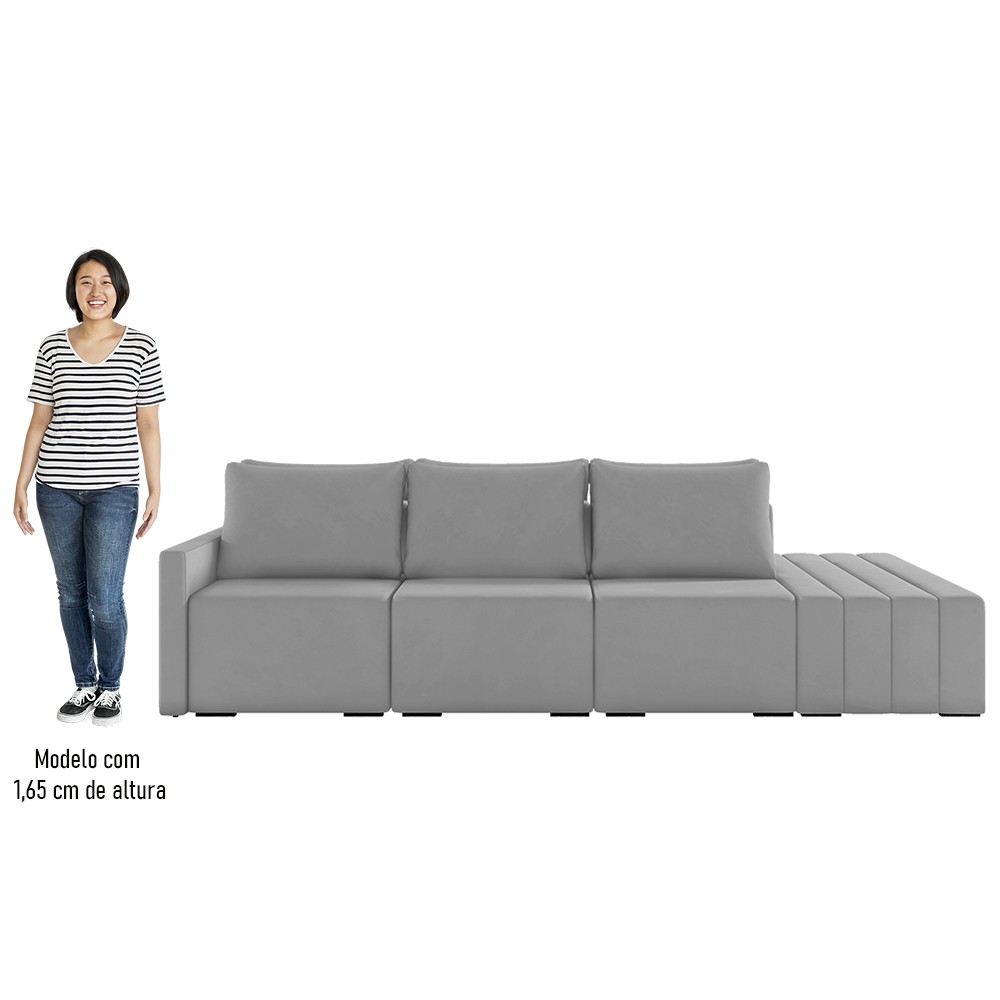 Sofá Ilha Modular com Puff para Sala Living 342cm Georgia K04 Veludo Cinza - Mpozenato