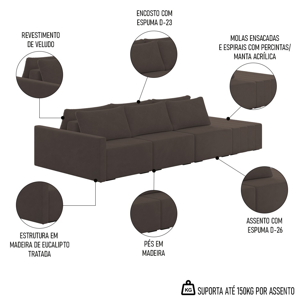 Sofá Ilha Modular com Puff para Sala Living 342cm Georgia K04 Veludo Marrom - Mpozenato