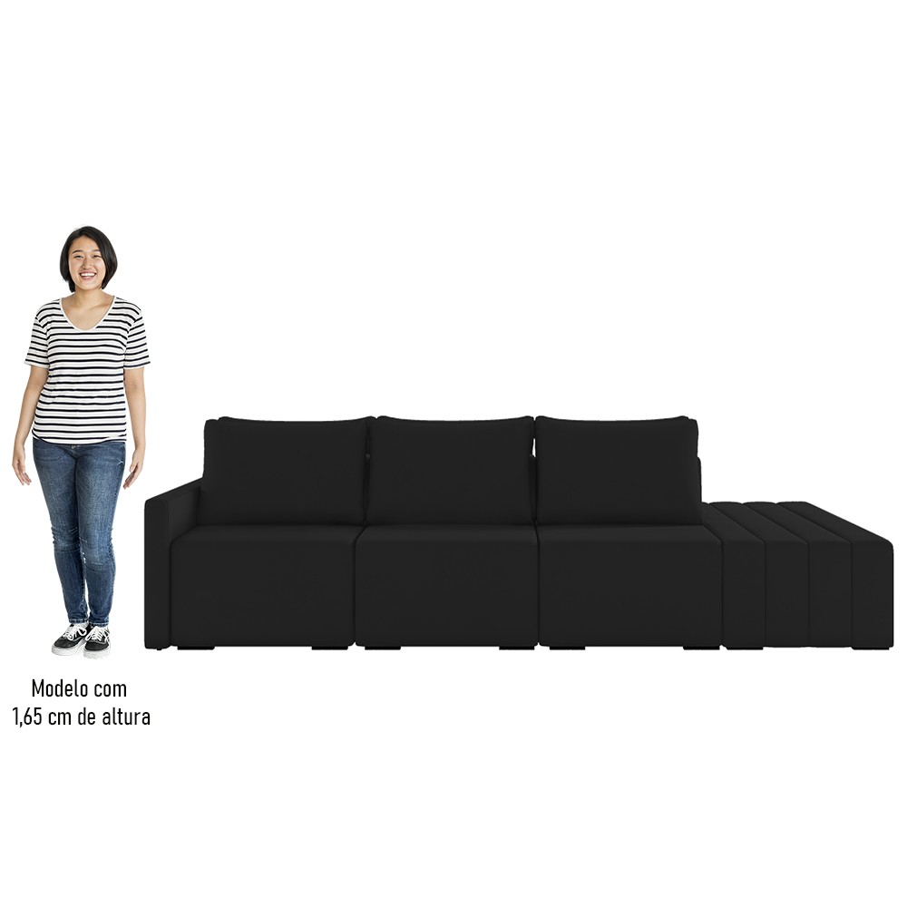 Sofá Ilha Modular com Puff para Sala Living 342cm Georgia K04 Veludo Preto - Mpozenato