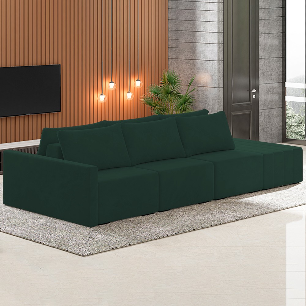 Sofá Ilha Modular com Puff para Sala Living 342cm Georgia K04 Veludo Verde - Mpozenato
