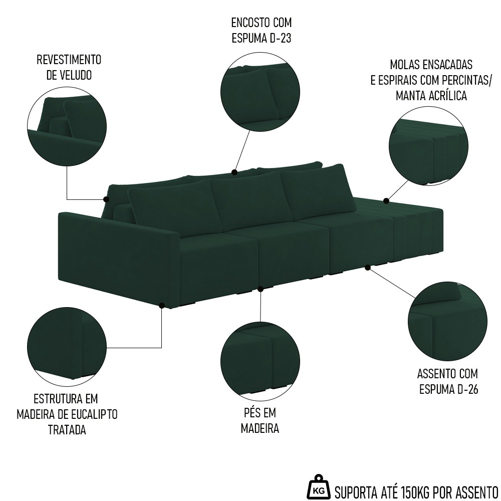 Sofá Ilha Modular com Puff para Sala Living 342cm Georgia K04 Veludo Verde - Mpozenato