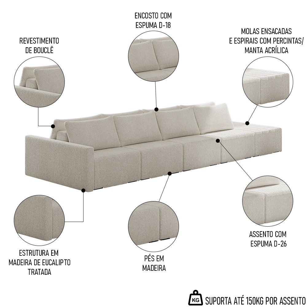 Sofá Ilha Modular com Puff para Sala Living 392cm Georgia K04 Bouclê Bege - Mpozenato